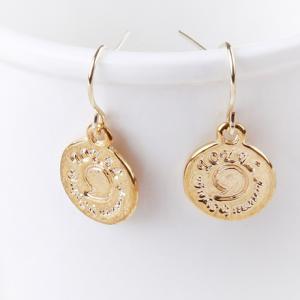 Gold Earrings Women Simple Coin Shape Lettering Design on Luulla