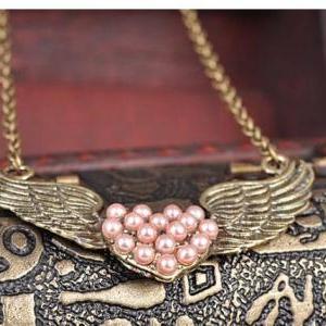 Vintage Pink Pearl Heart Wings Necklace Chain..