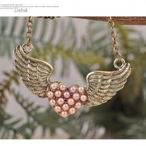 Vintage Pink Pearl Heart Wings Necklace Chain..