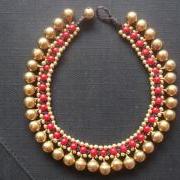 Handmade bracelet anklet gold brass beads bells and red coral balls from Thailand