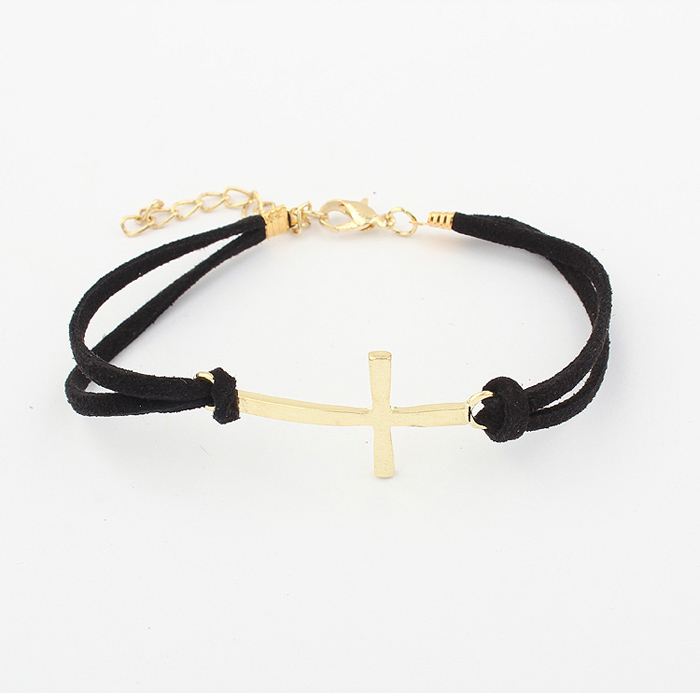 Simple Women Bracelet Bilayer Leather Embellished Cross