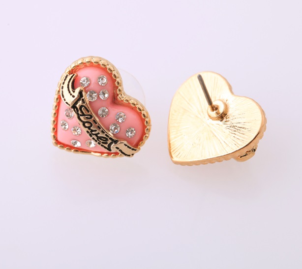 Crystal Stud Earrings For Women Pink Heart Love Gold Trim Fashion ...