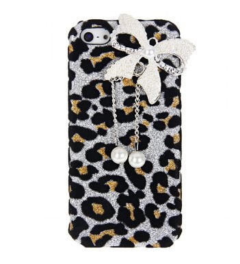 Iphone 5 Fashion Case Butterfly And Leopard Design Artificial Pearl Plastic Hard Shell