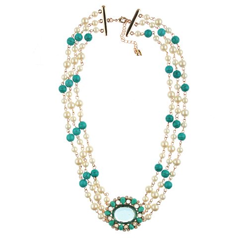 Fashion 3 Layers Necklace Jewelry White Pearl With Turquoise Beads