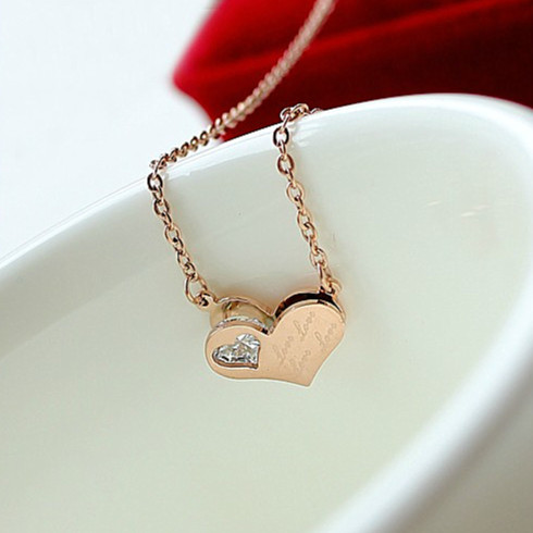 14k Rose Gold Pendant Necklace Charm Titanium Ladies Love Double Heart Rhinestone Women Jewelry