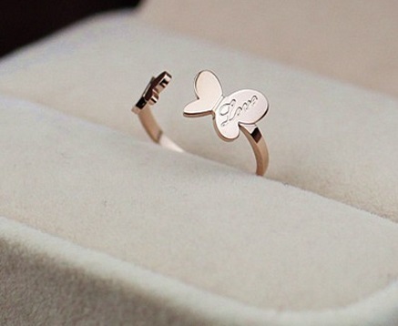 14k Rose Gold Ladies Ring Titanium Steel Opening Letter Love Double Butterfly Couples Jewelry