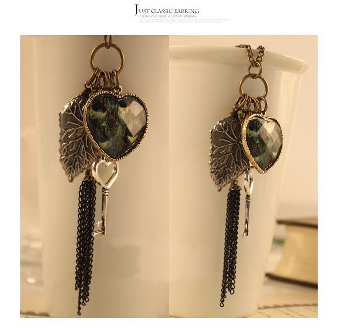 Love Peacock Feather Leaves Key Tassel Necklace Women Jewelry