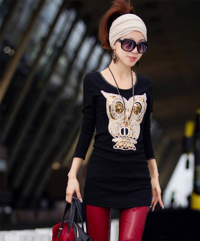 Casual Style Scoop Neck Sequin Owl Long Sleeve T-shirt For Women