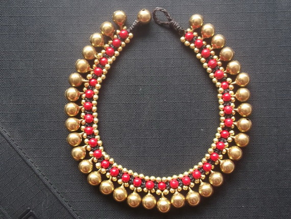 Handmade Bracelet Anklet Gold Brass Beads Bells And Red Coral Balls From Thailand