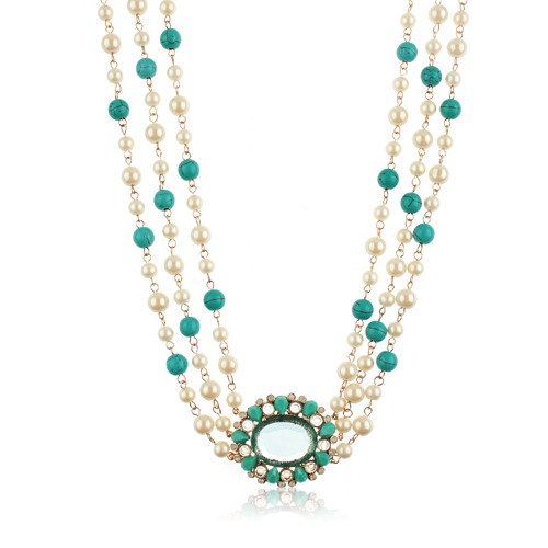 Fashion 3 Layers Necklace Jewelry White Pearl With Turquoise Beads on ...